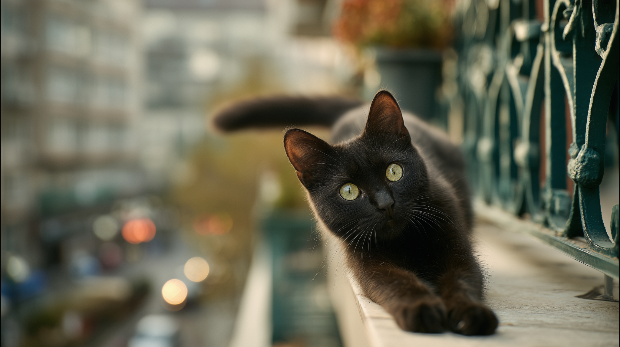 A black cat watching city life from a balcony
