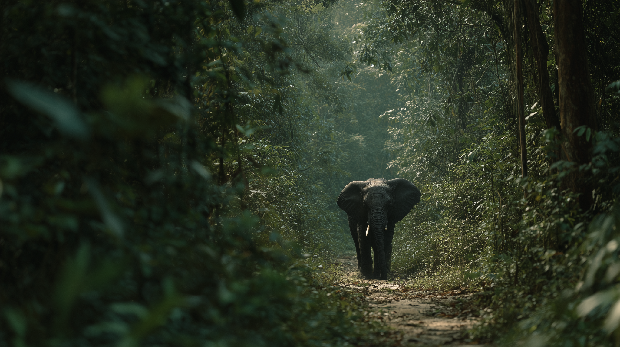 Elephant walking along a Cameroon forest trail