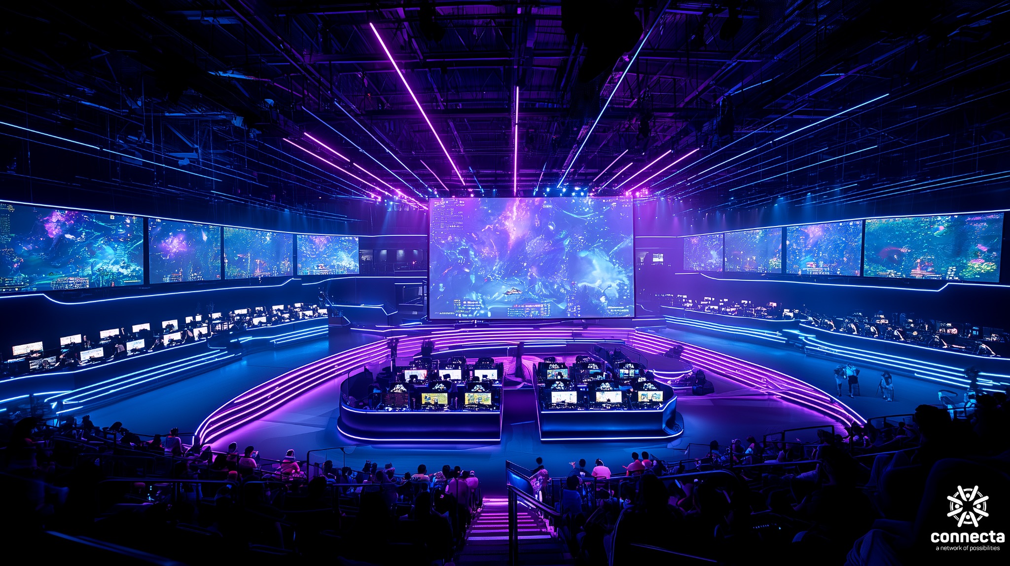 Large esports finale stage inside Connecta