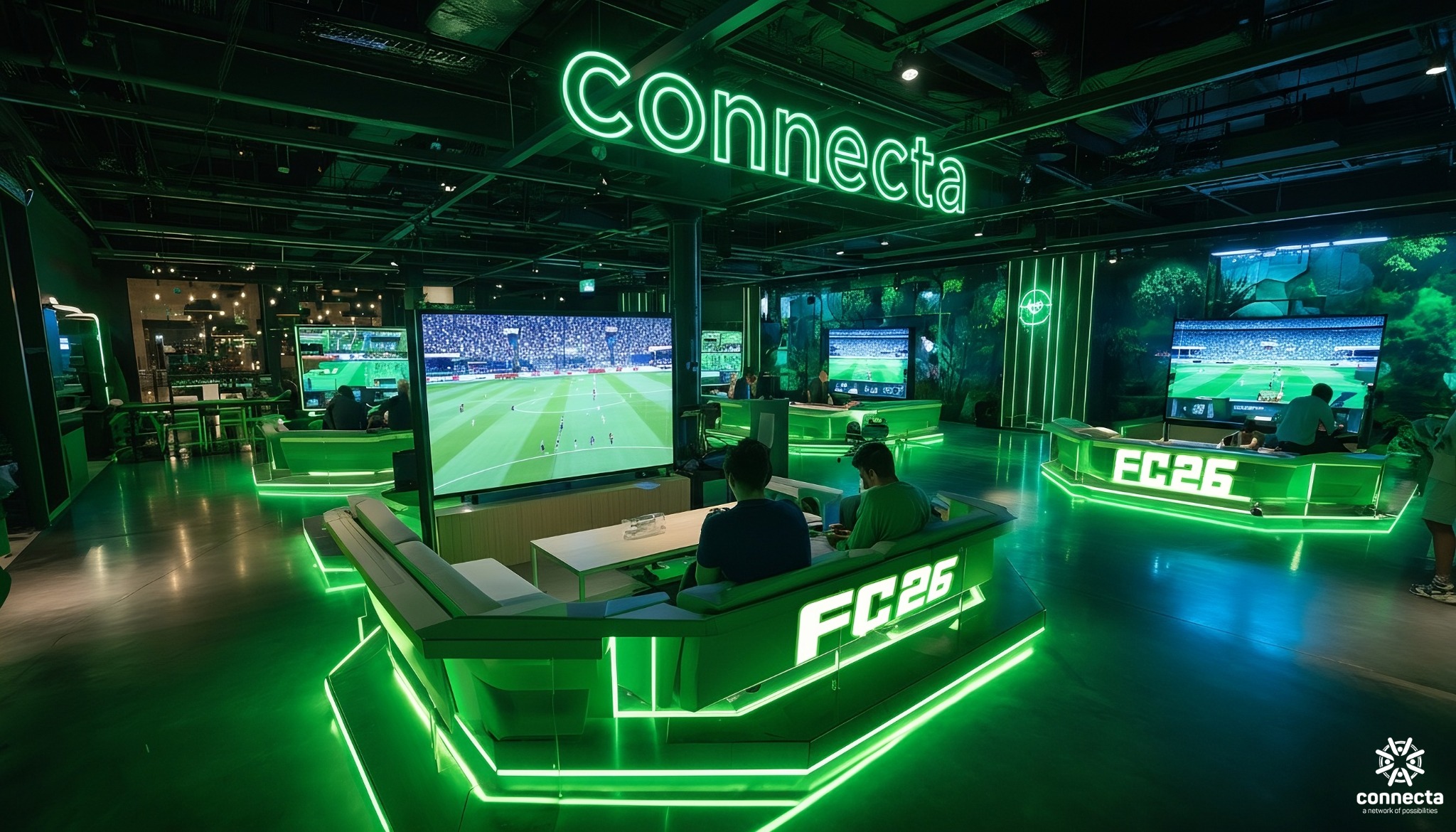 Connecta football gaming lounge illuminated in green