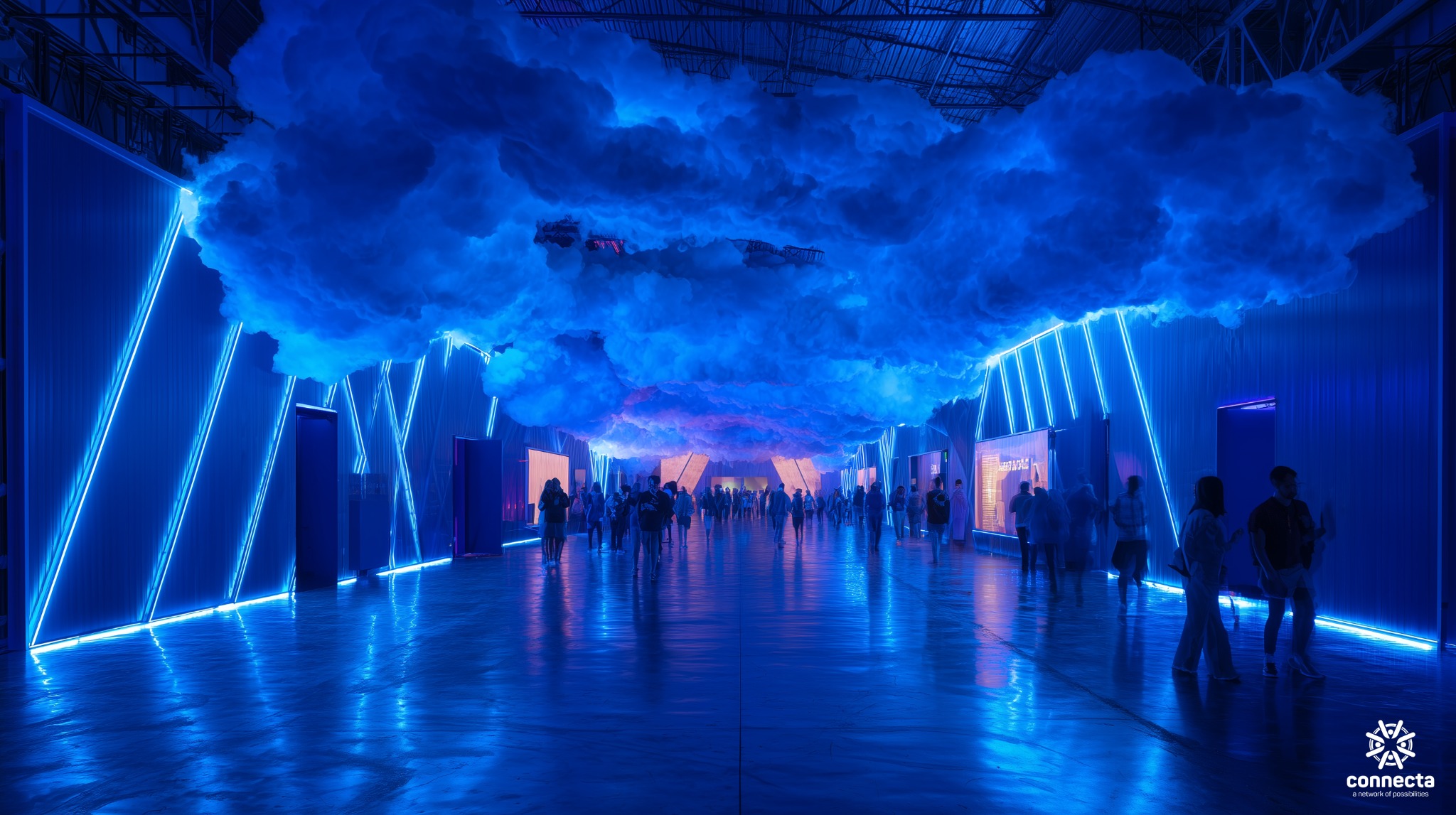 Connecta Gaming Arena illuminated in electric blue beneath a sculptural cloud ceiling