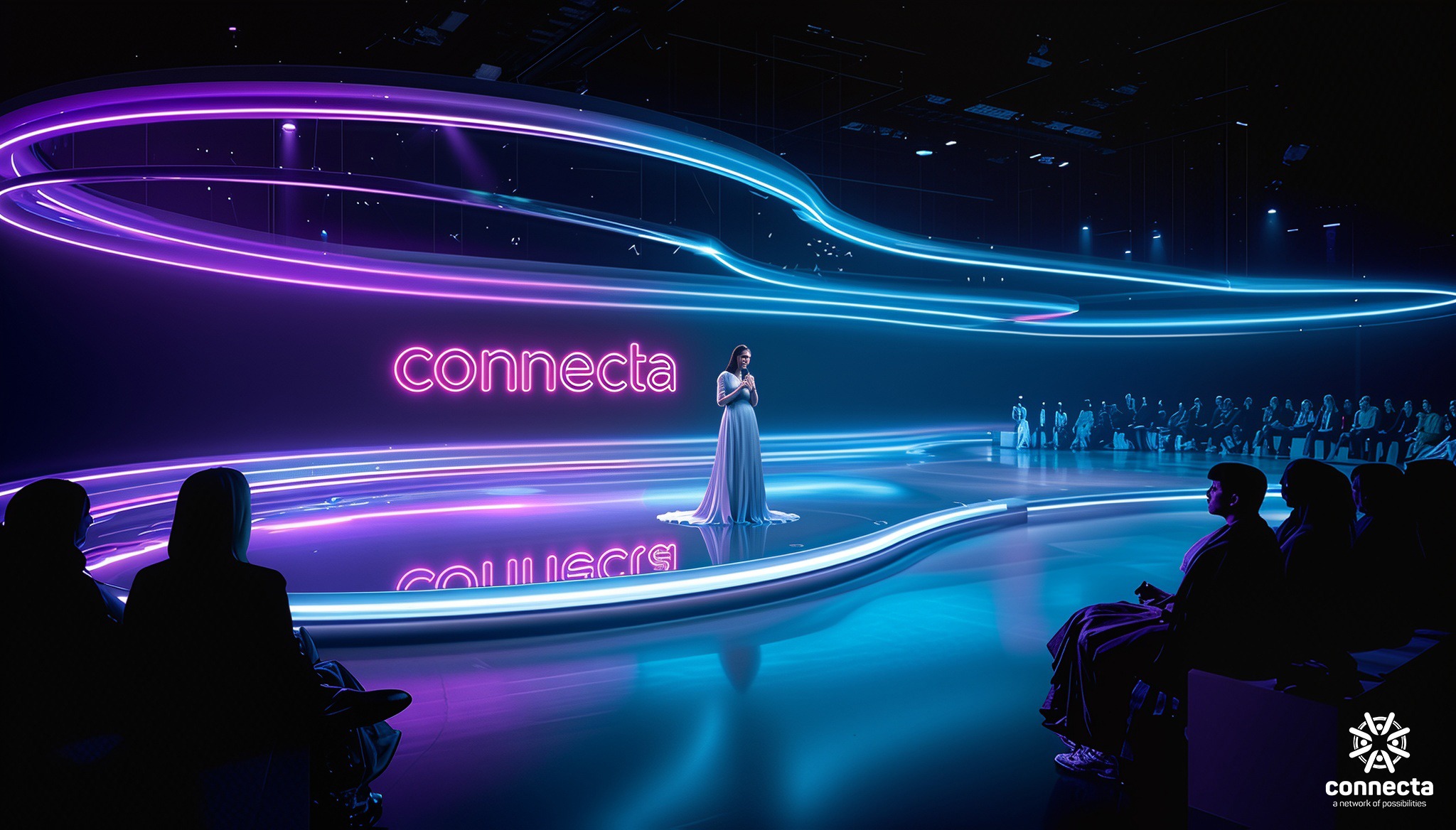 Connecta presentation stage surrounded by flowing neon light