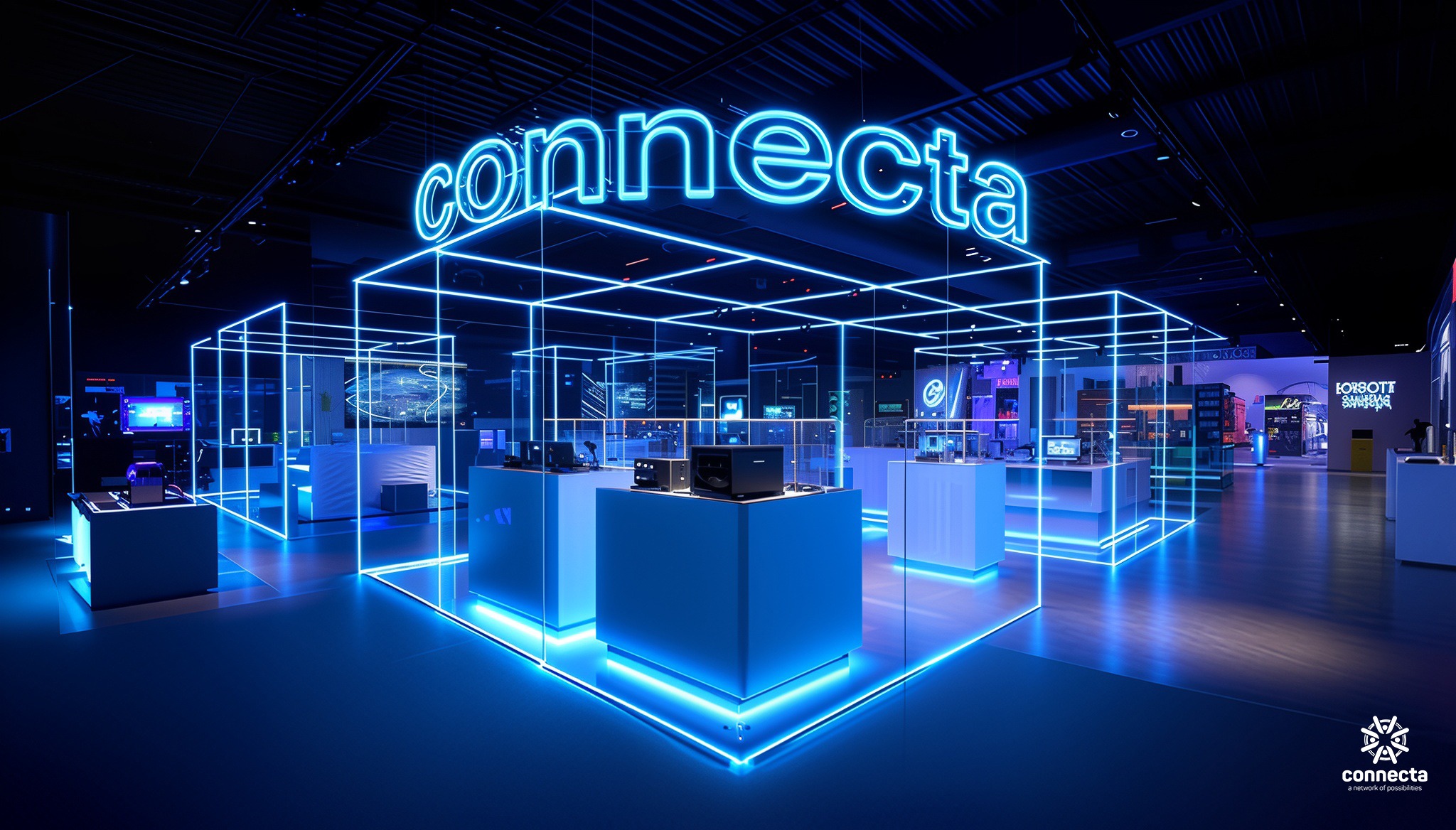 Connecta exhibition venue illuminated in electric blue