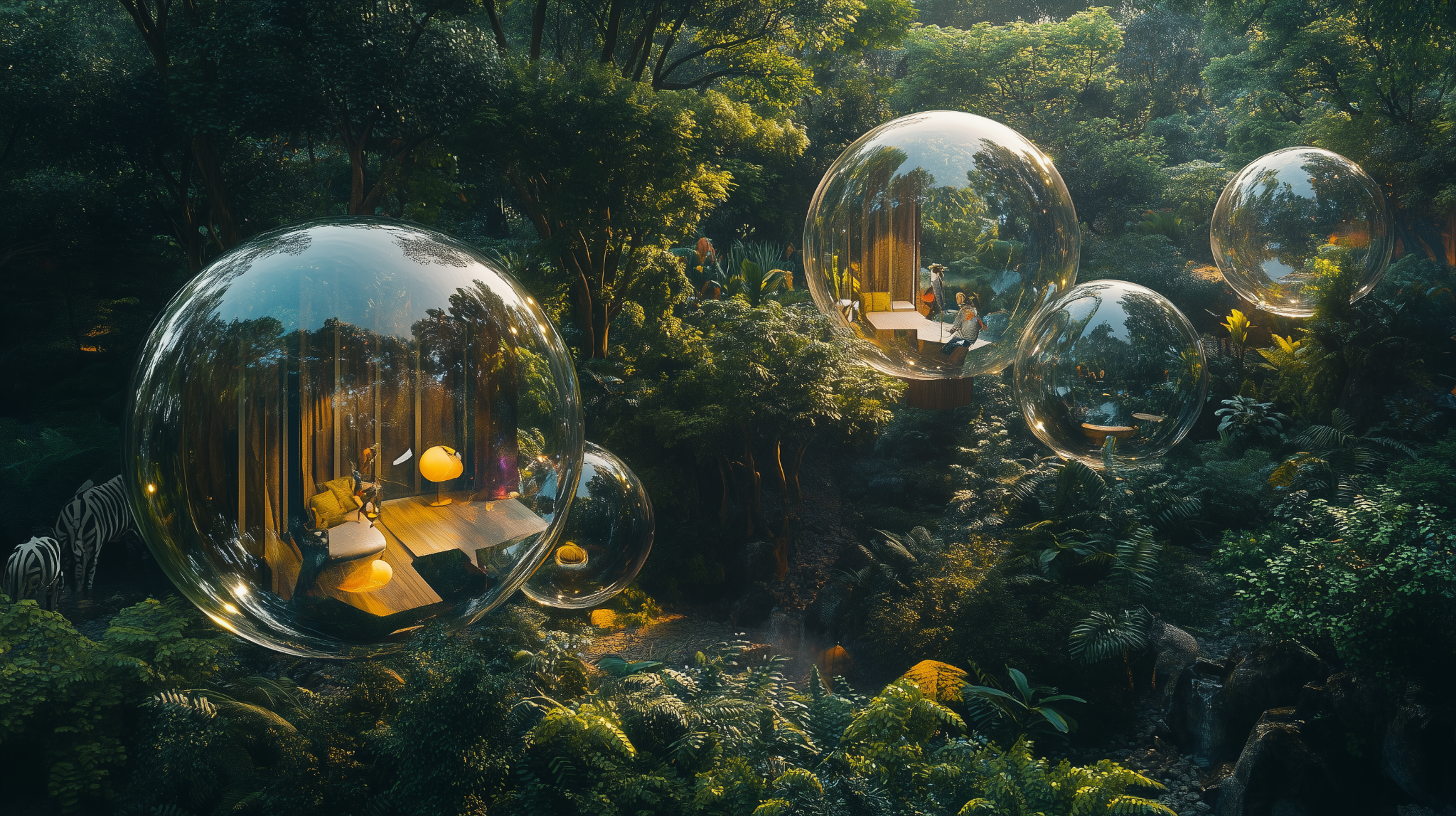 Guest rooms suspended like bubbles across the forest canopy