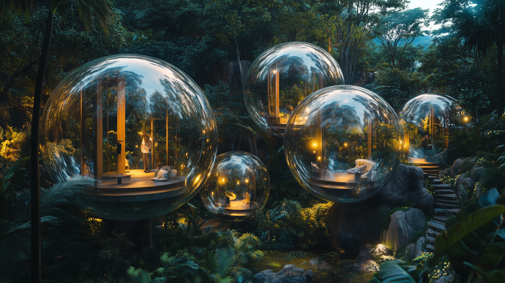 A glowing constellation of bubble rooms in the evening forest