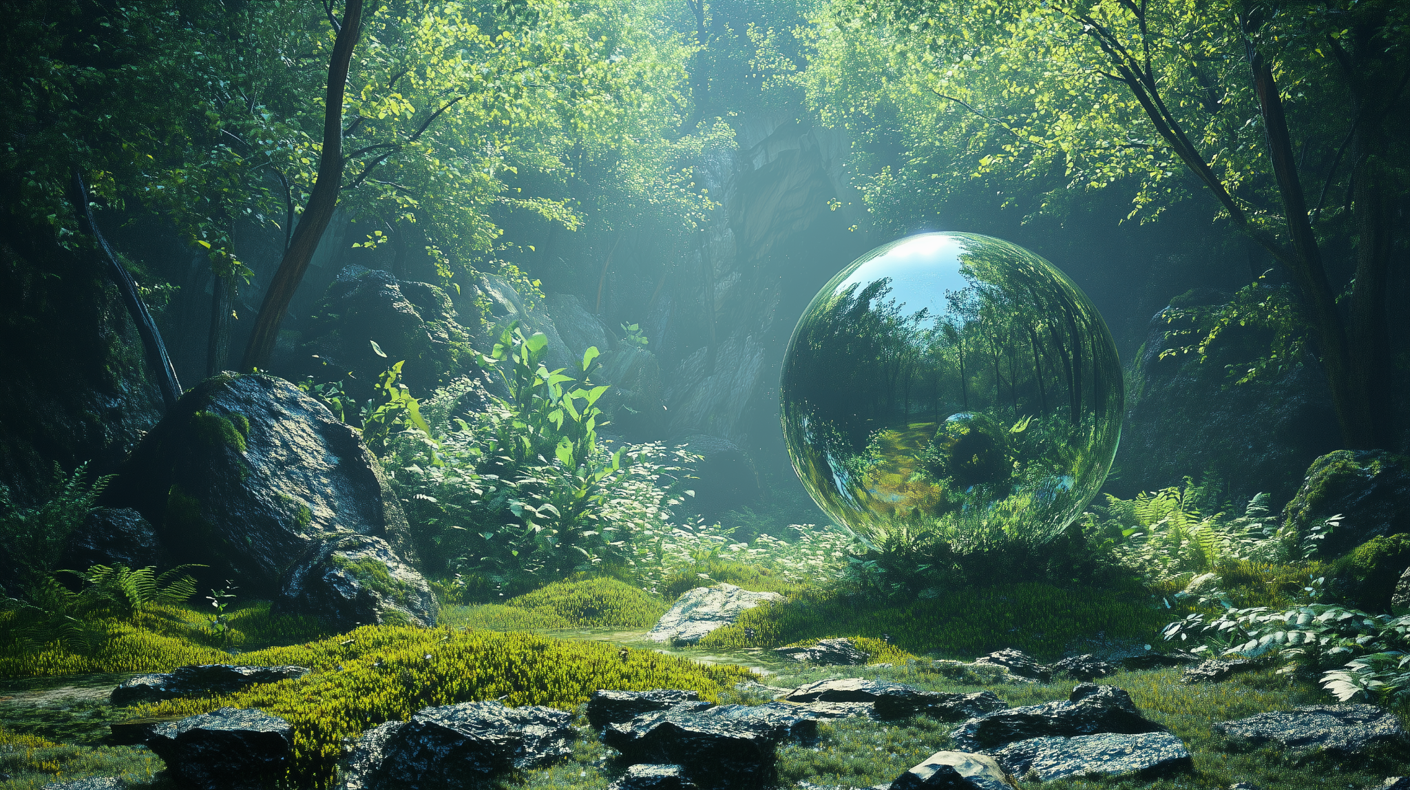 A reflective bubble hotel nestled in a luminous forest