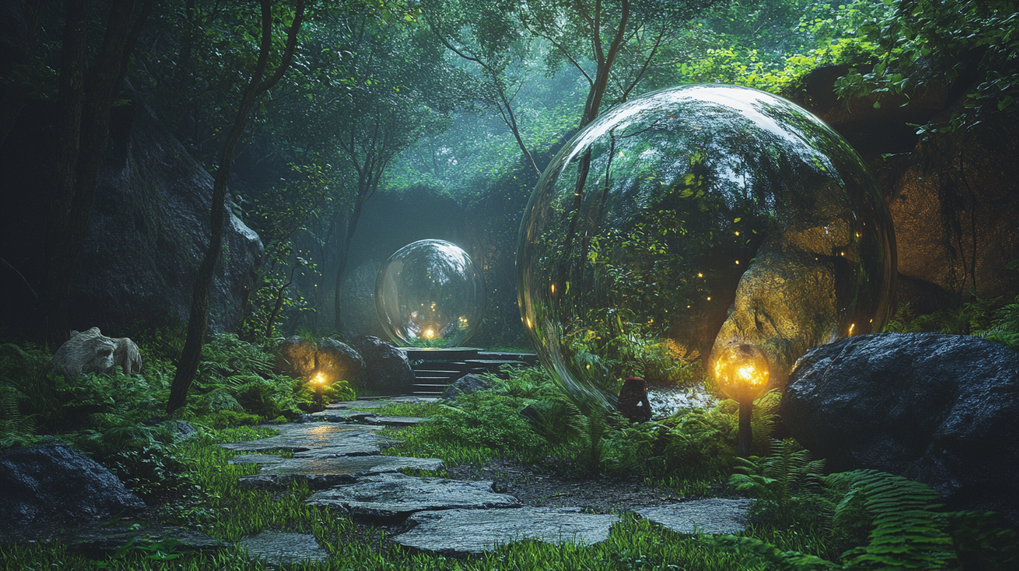 Illuminated bubble rooms beside a forest path at dusk