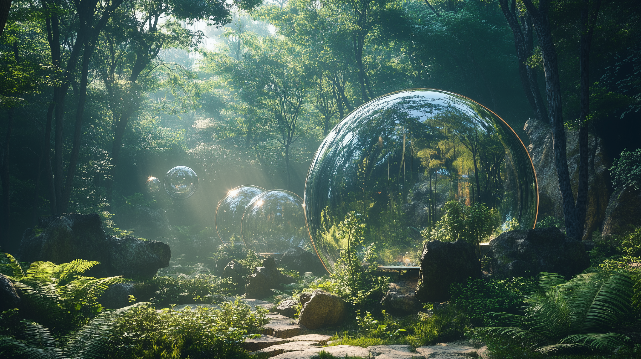 A sequence of transparent hotel bubbles following a path through the forest