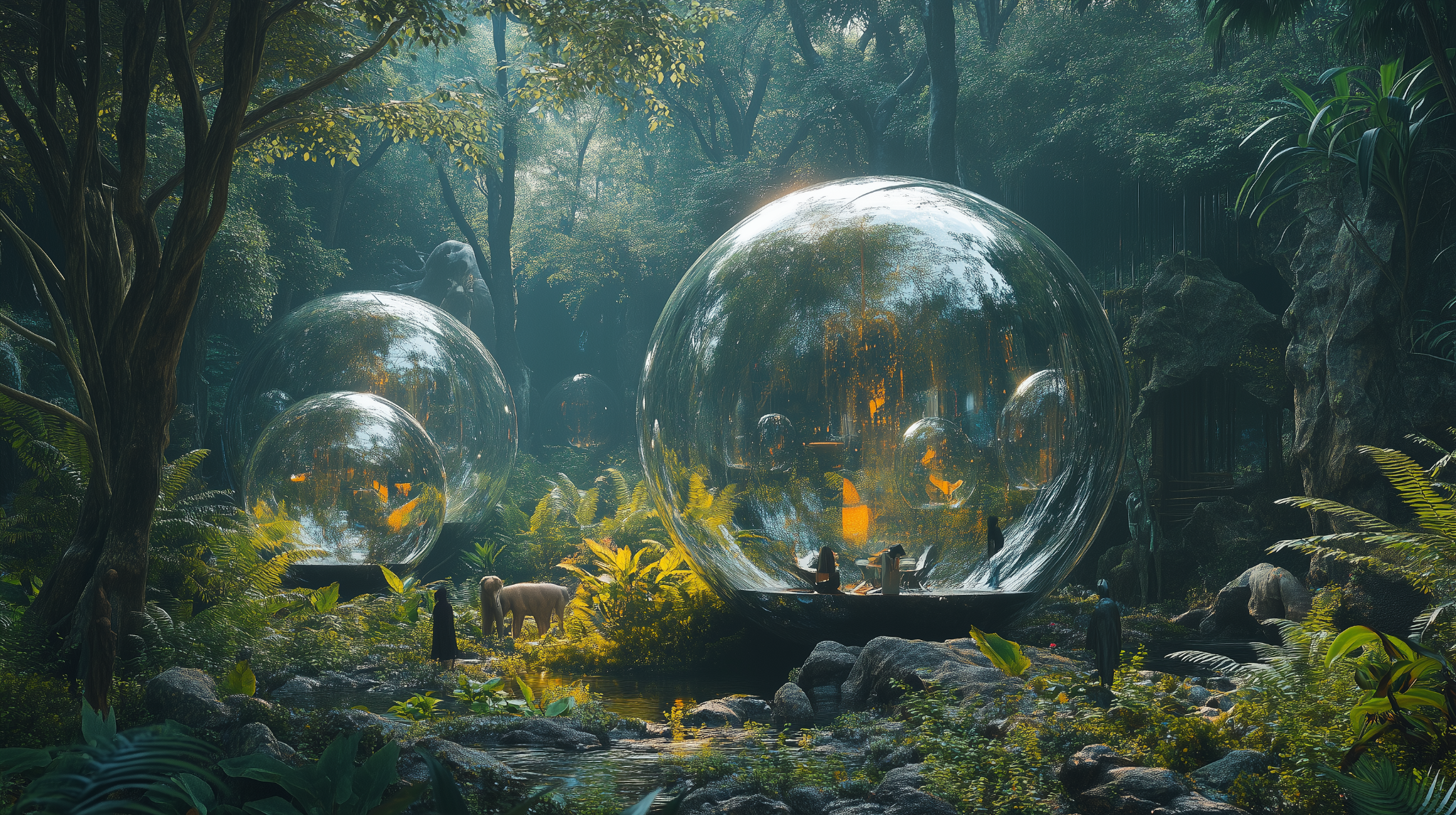 Reflective forest hotel bubbles sharing the landscape with wildlife