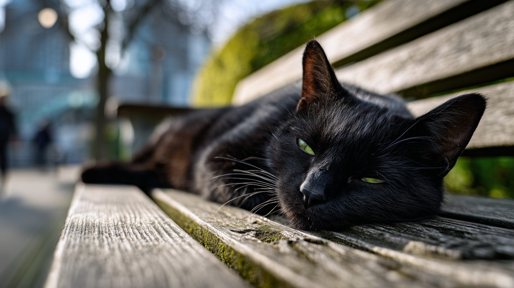 Luna resting on a wooden park bench