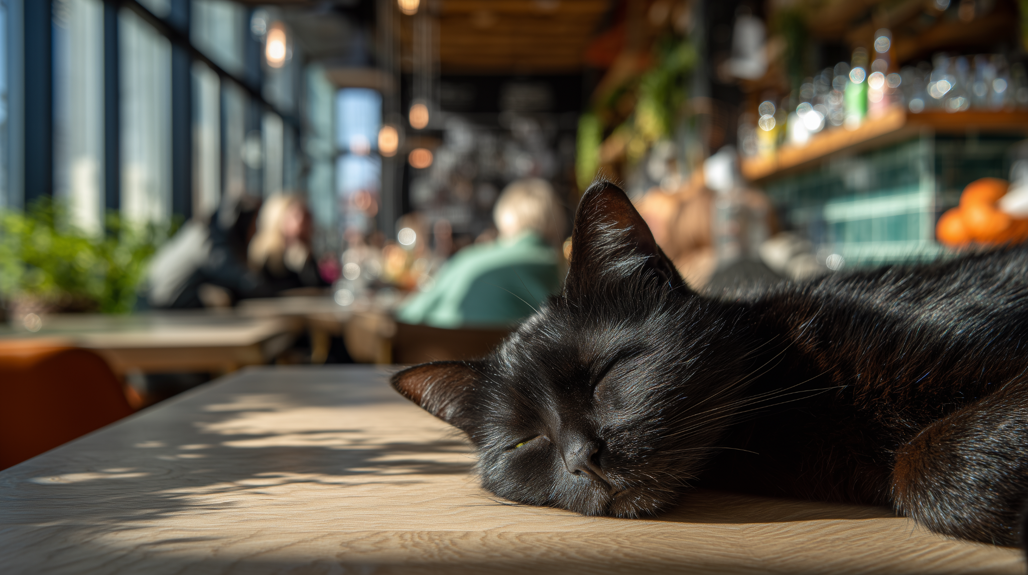 Luna sleeping inside a lively cafe