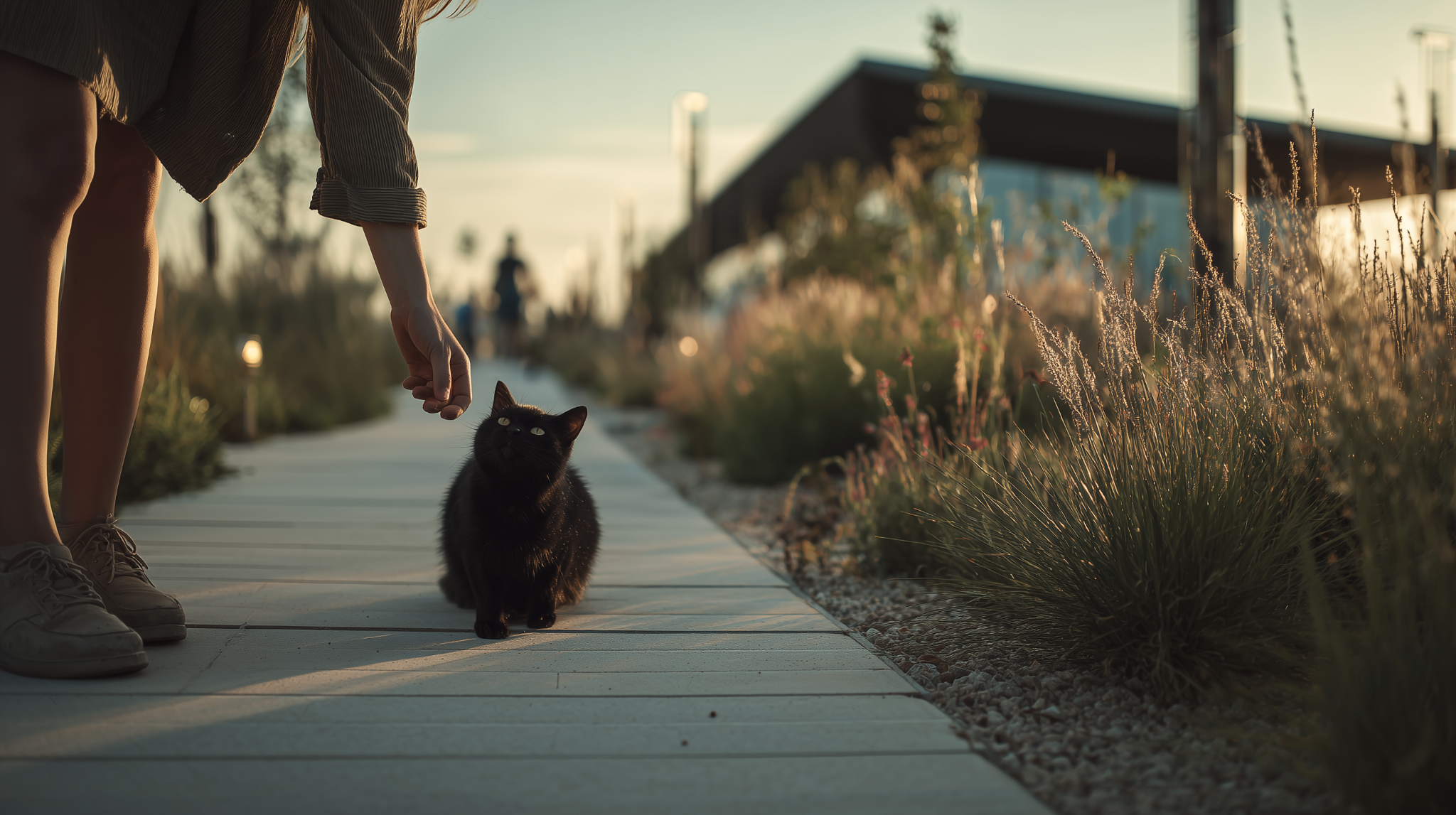 A passerby greeting Luna on a city path