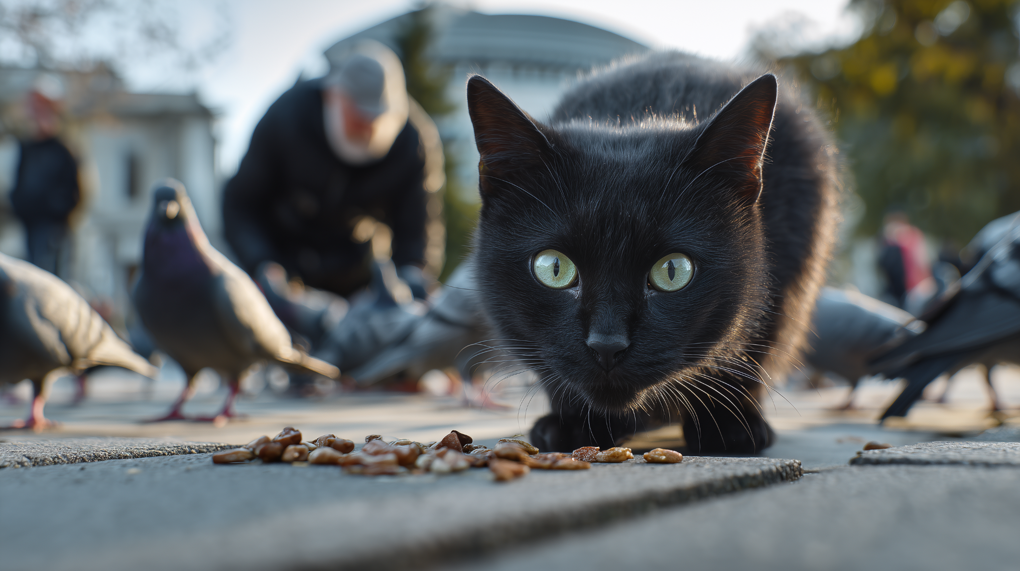 Luna sharing the pavement with city pigeons